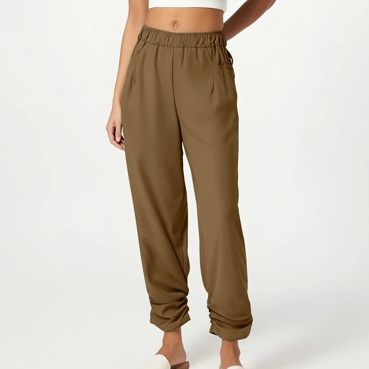 Womens Wide Leg Linen Pants Summer Elastic High Waist Cotton Trouser Lounge Slacks Beach Travel Outfits with Pockets