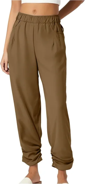 Womens Wide Leg Linen Pants Summer Elastic High Waist Cotton Trouser Lounge Slacks Beach Travel Outfits with Pockets