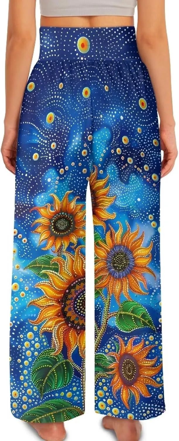 Women's Wide Leg Pants Boho Palazzo Pant High Elastic Waisted Lounge Pant Casual Beach Trousers with Pockets