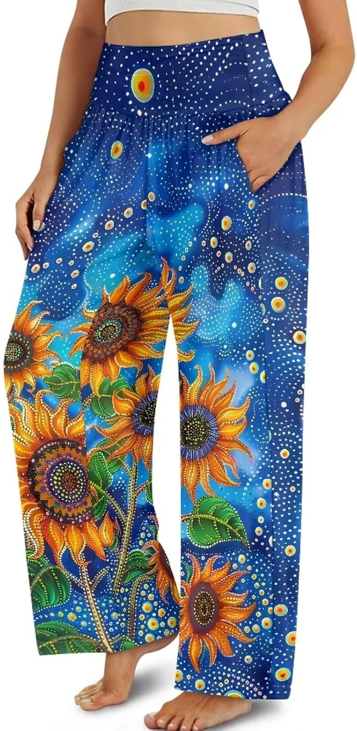 Women's Wide Leg Pants Boho Palazzo Pant High Elastic Waisted Lounge Pant Casual Beach Trousers with Pockets