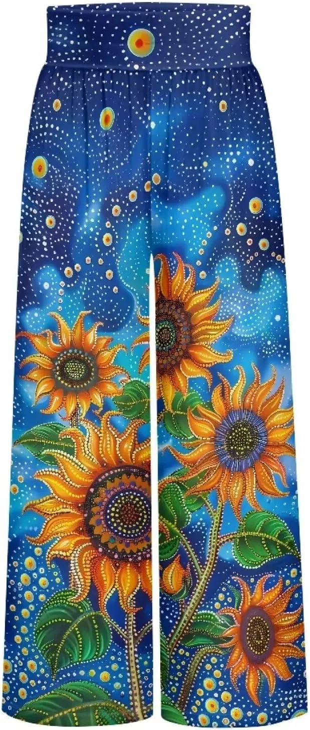 Women's Wide Leg Pants Boho Palazzo Pant High Elastic Waisted Lounge Pant Casual Beach Trousers with Pockets