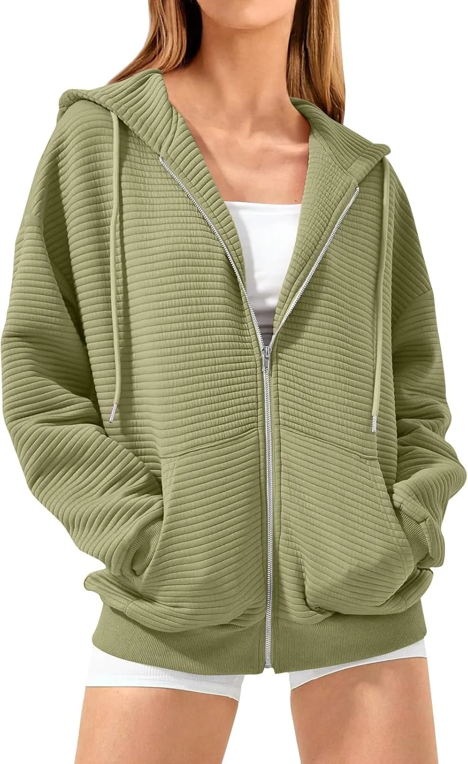 Womens Zip Up Hoodies Y2k Long Sleeve Cute Trendy Fleece Jacket Comfort Loose Fit Oversized Sweatshirt with Pockets