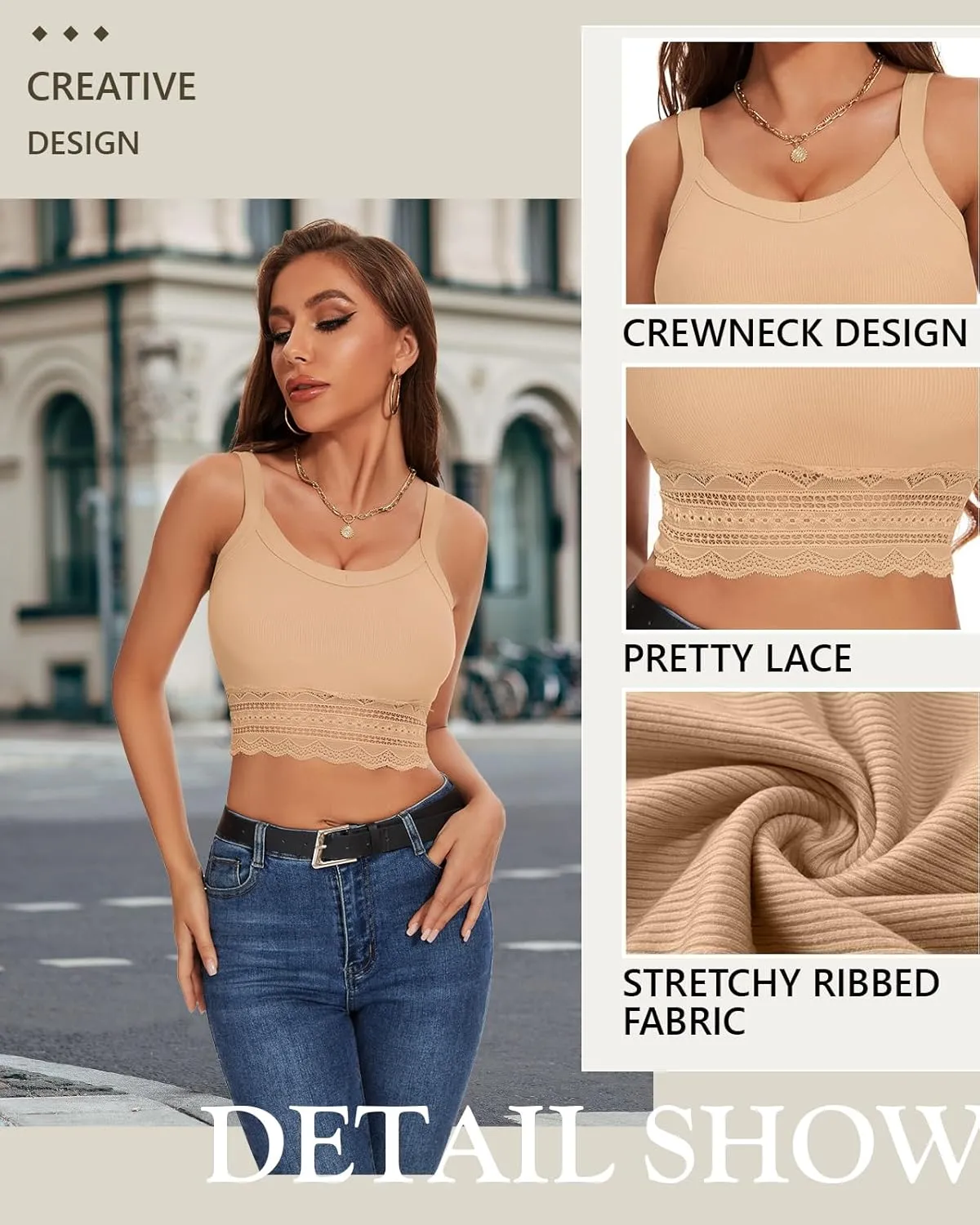 WOWENY Women's Crop Tank Top Splicing Lace Ribbed Knit Sleeveless Slim Fit Basic Camisole Summer Y2K Tops