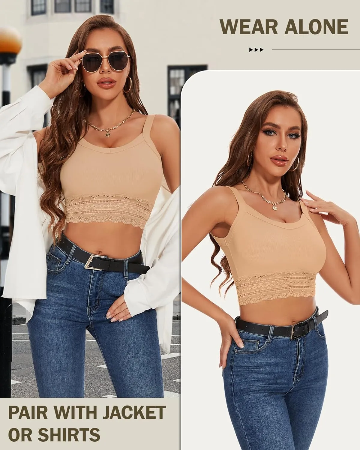 WOWENY Women's Crop Tank Top Splicing Lace Ribbed Knit Sleeveless Slim Fit Basic Camisole Summer Y2K Tops