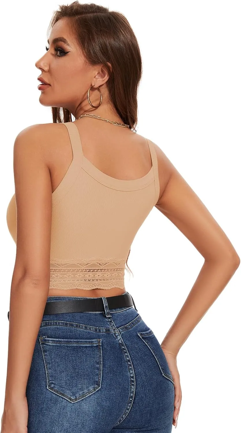 WOWENY Women's Crop Tank Top Splicing Lace Ribbed Knit Sleeveless Slim Fit Basic Camisole Summer Y2K Tops