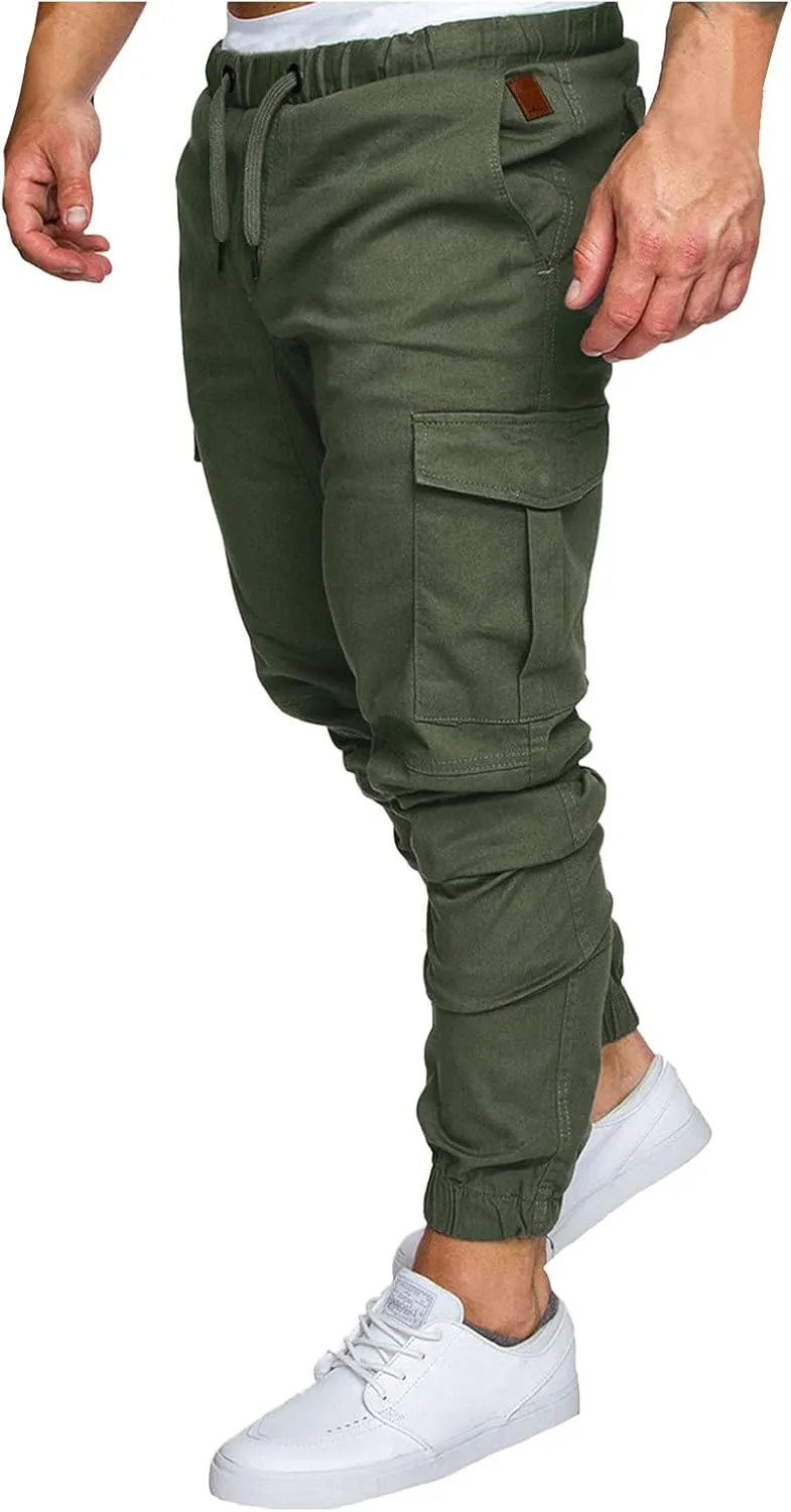 WUAI-Men Cargo Pants Elastic Waist Slim Fit Athletic Jogger Pants Drawstring Khaki Chinos Trousers Sweatpants