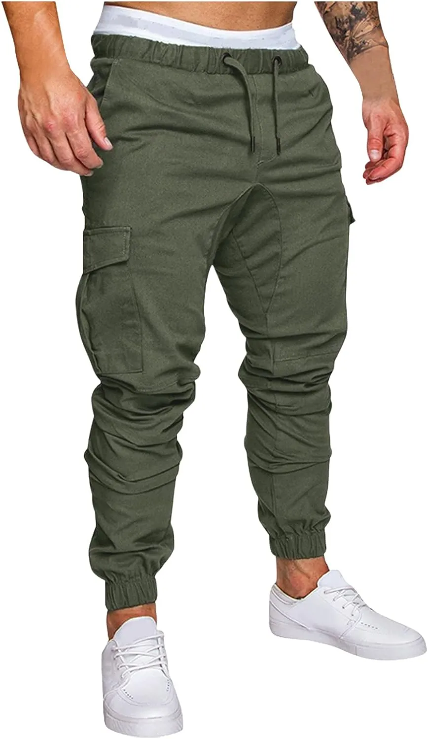 WUAI-Men Cargo Pants Elastic Waist Slim Fit Athletic Jogger Pants Drawstring Khaki Chinos Trousers Sweatpants