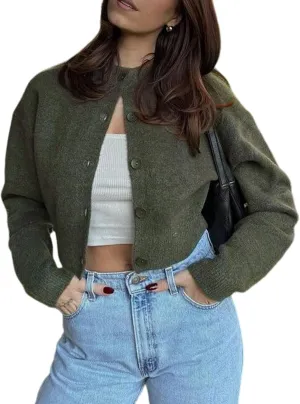 Wyeysyt Womens Knitted Crop Cardigan Button Down Long Sleeve Sweater Top Open Front Cropped Knit Tops