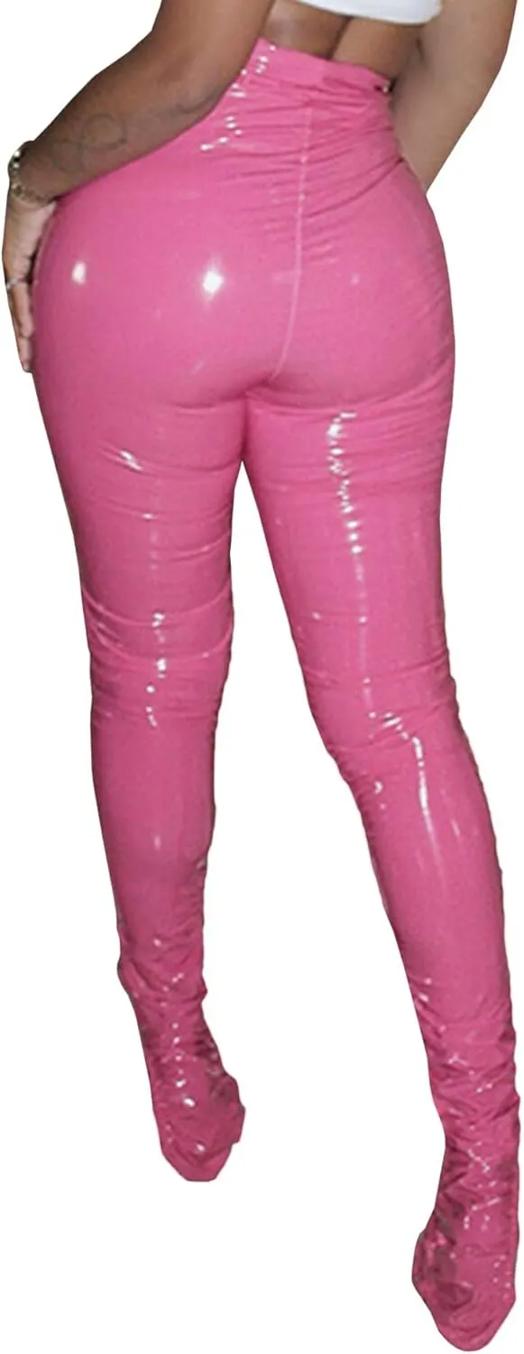 xxxiticat Women's Pleated PU Leather Pants High Wasit Bodycon Ruched Split Hem Faux Leather Club Legging Trousers