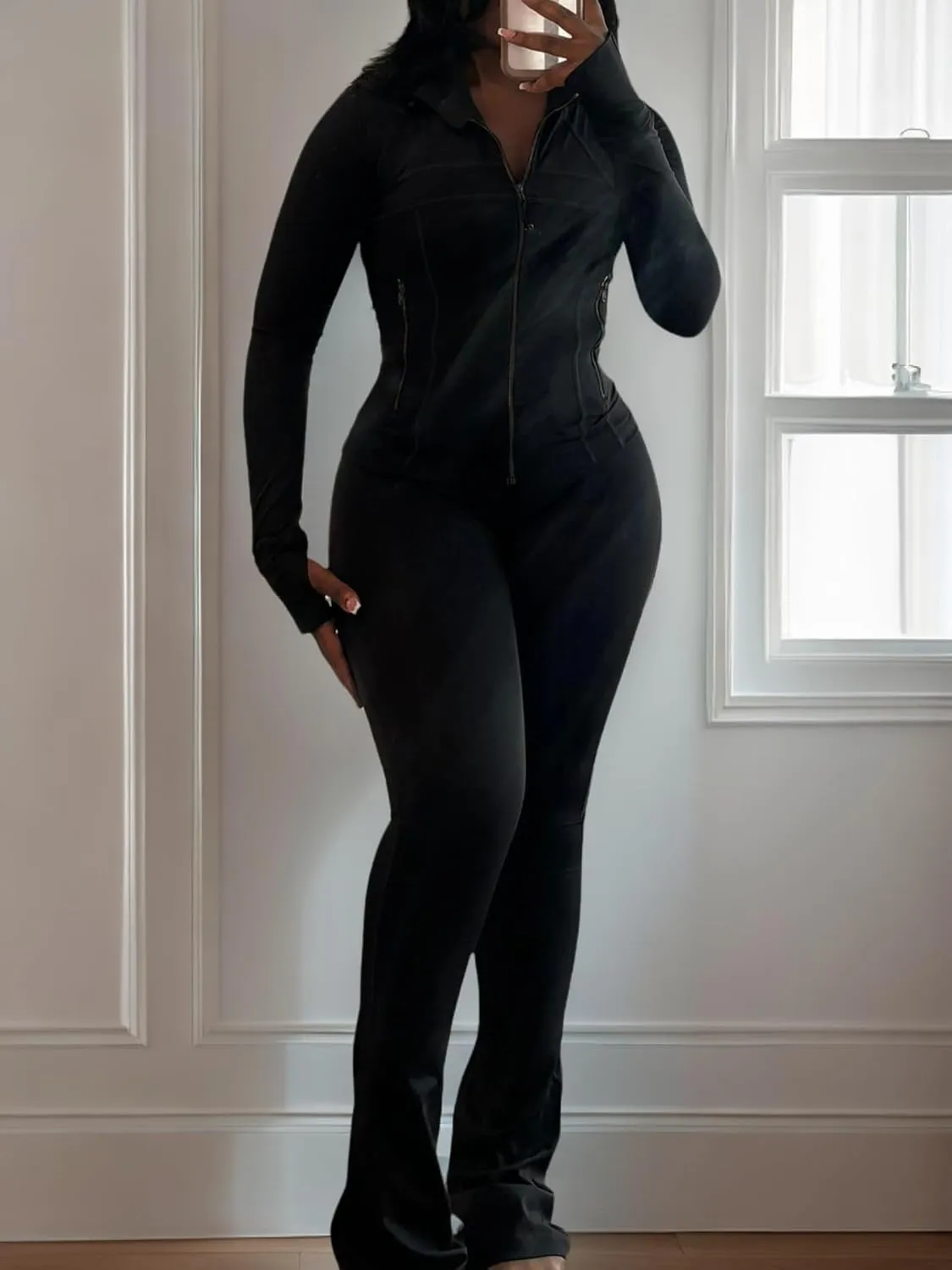 XZLUFNY Casual Workout Two Piece Outfits for Women Long Sleeve Tops Flare Pants Matching Sets