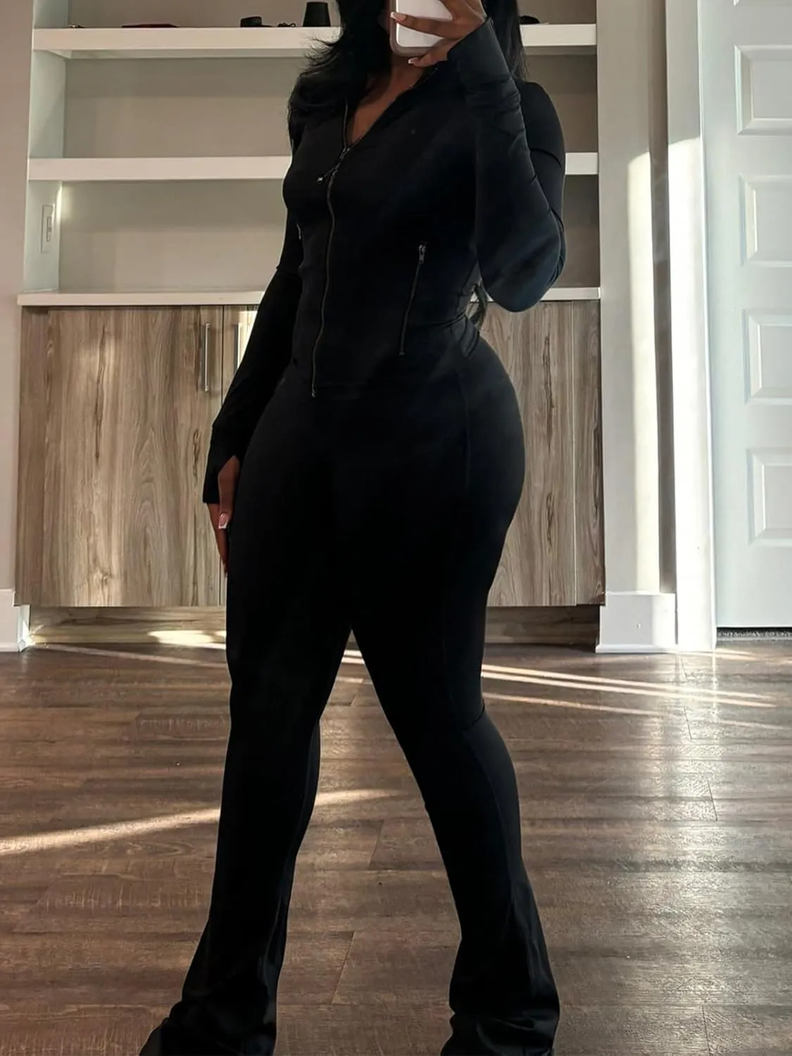 XZLUFNY Casual Workout Two Piece Outfits for Women Long Sleeve Tops Flare Pants Matching Sets