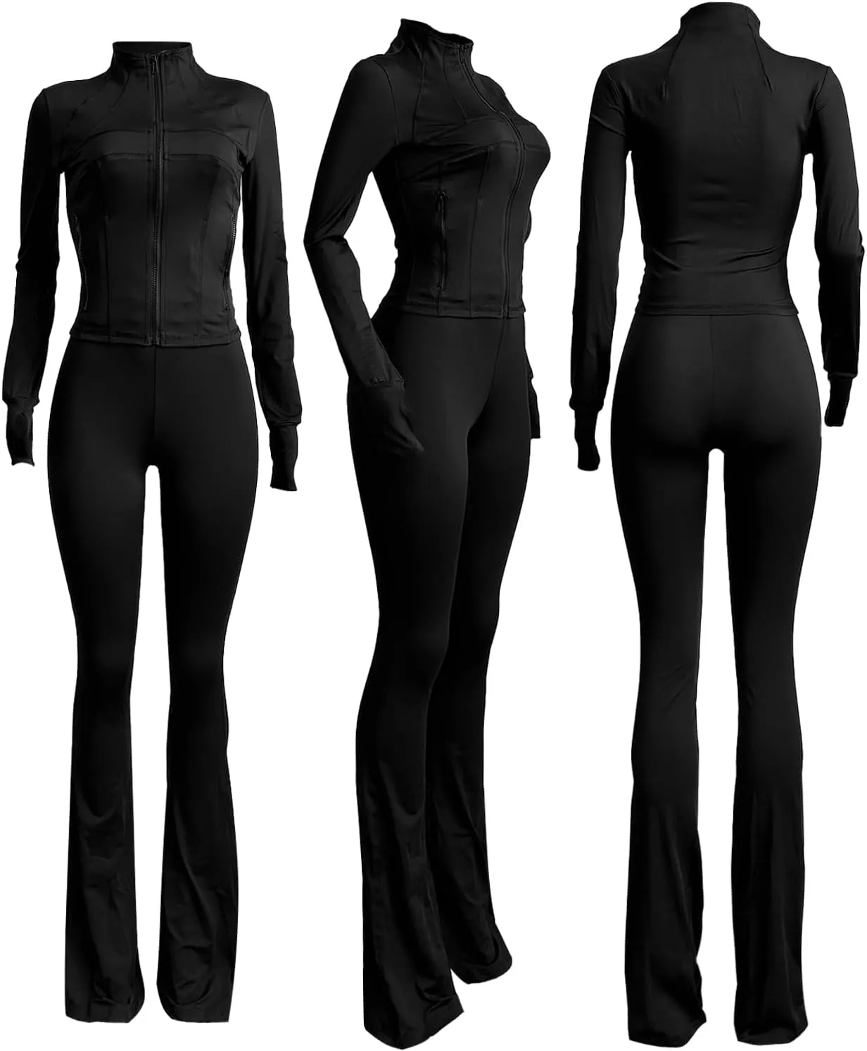 XZLUFNY Casual Workout Two Piece Outfits for Women Long Sleeve Tops Flare Pants Matching Sets
