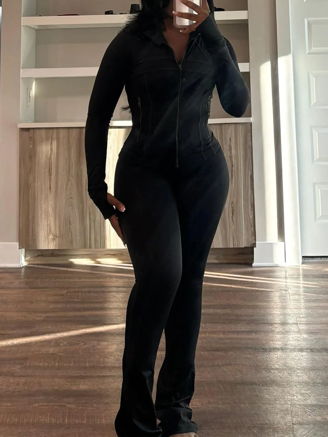 XZLUFNY Casual Workout Two Piece Outfits for Women Long Sleeve Tops Flare Pants Matching Sets