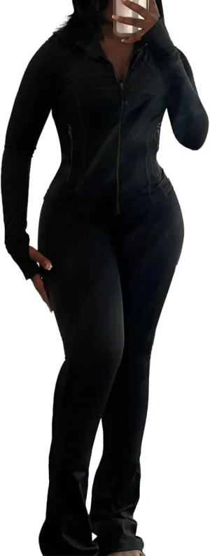 XZLUFNY Casual Workout Two Piece Outfits for Women Long Sleeve Tops Flare Pants Matching Sets