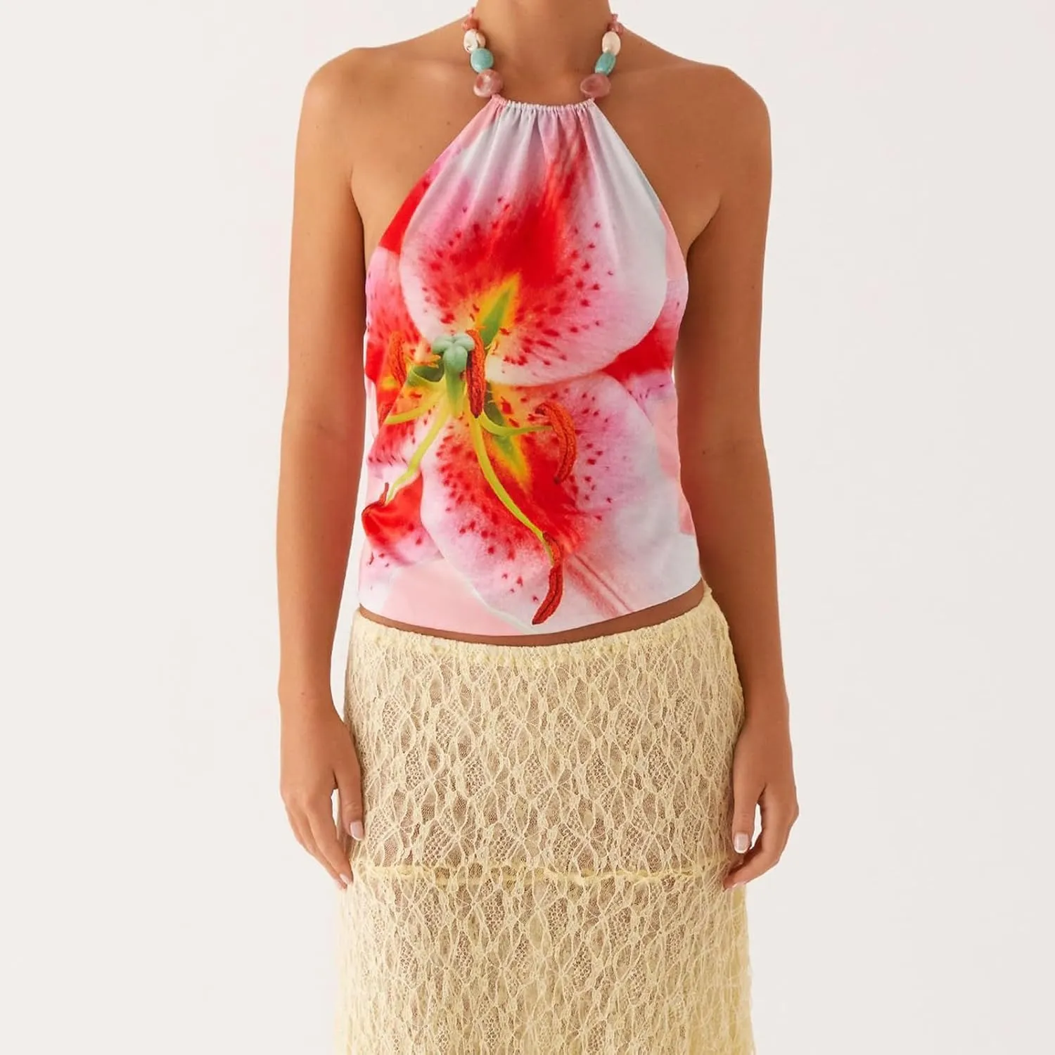 Y2k Women Floral Halter Tank Crop Top Sexy Tie Up Backless Sleeveless Slim Fit Cami Going Out Camisole Summer