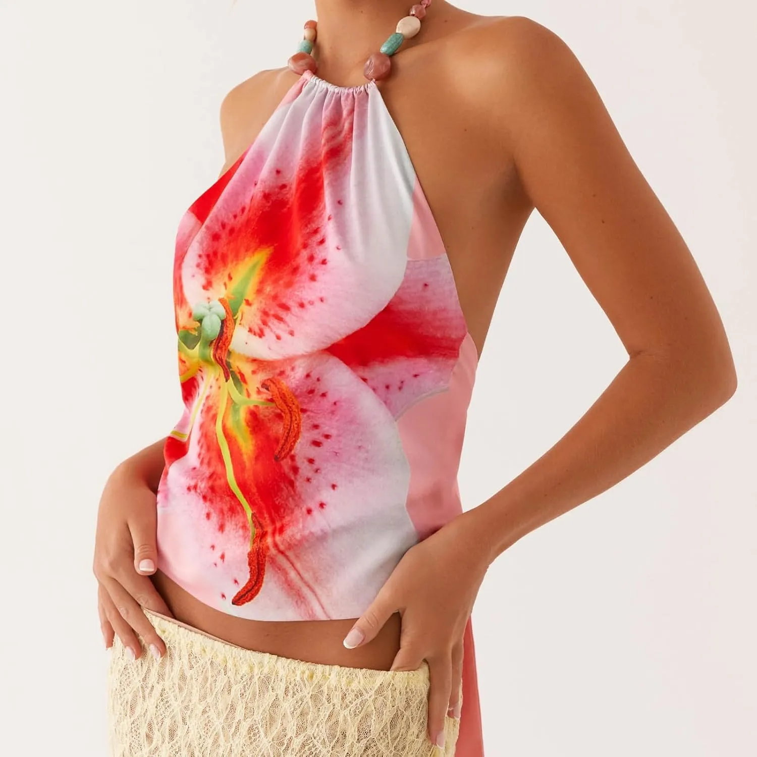 Y2k Women Floral Halter Tank Crop Top Sexy Tie Up Backless Sleeveless Slim Fit Cami Going Out Camisole Summer