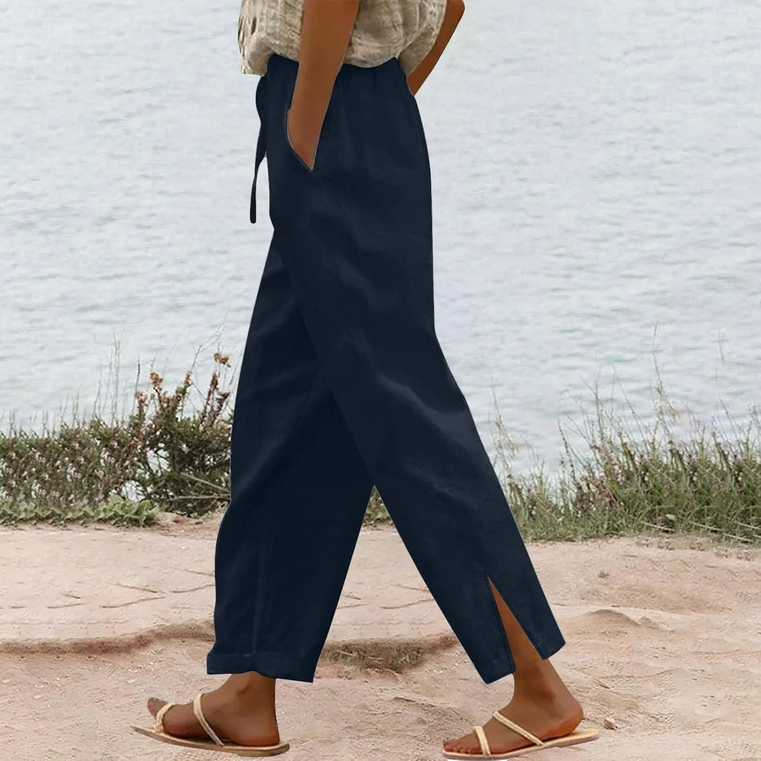 YRAETENM Linen Pants for Women High Waisted Elastic Drawstring Wide Leg Trousers Casual Comfy Beach Outfits with Pockets