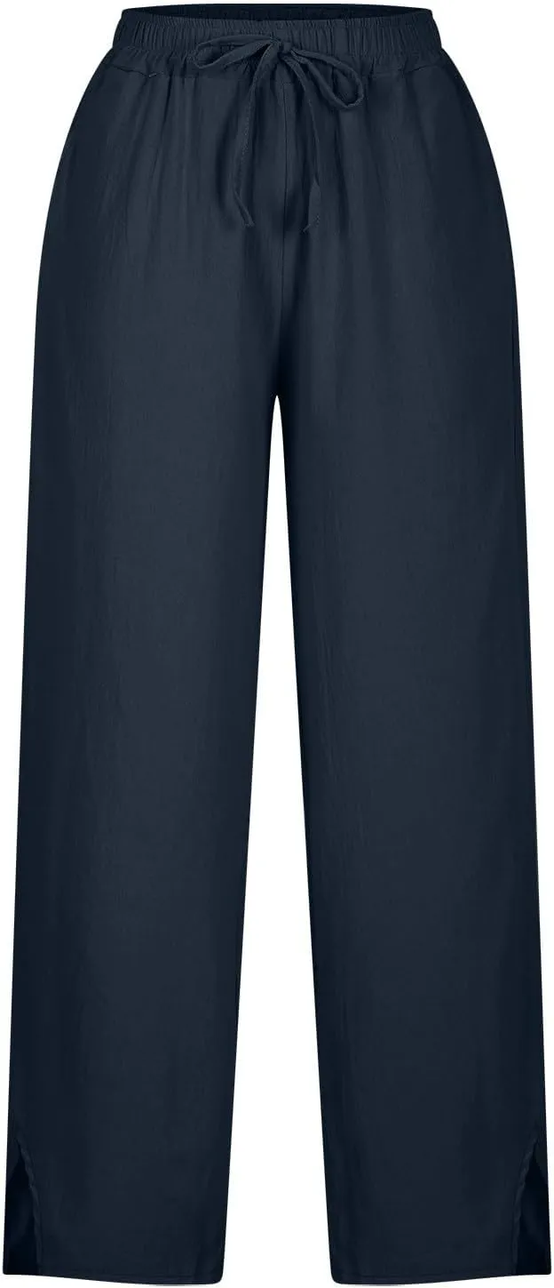 YRAETENM Linen Pants for Women High Waisted Elastic Drawstring Wide Leg Trousers Casual Comfy Beach Outfits with Pockets