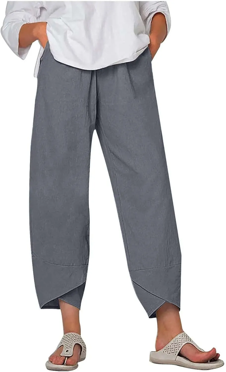 YRAETENM Womens Linen Pants Casual High Waisted Drawstring Elastic Trousers Loose Fit Straight Leg Capris Pants with Pockets