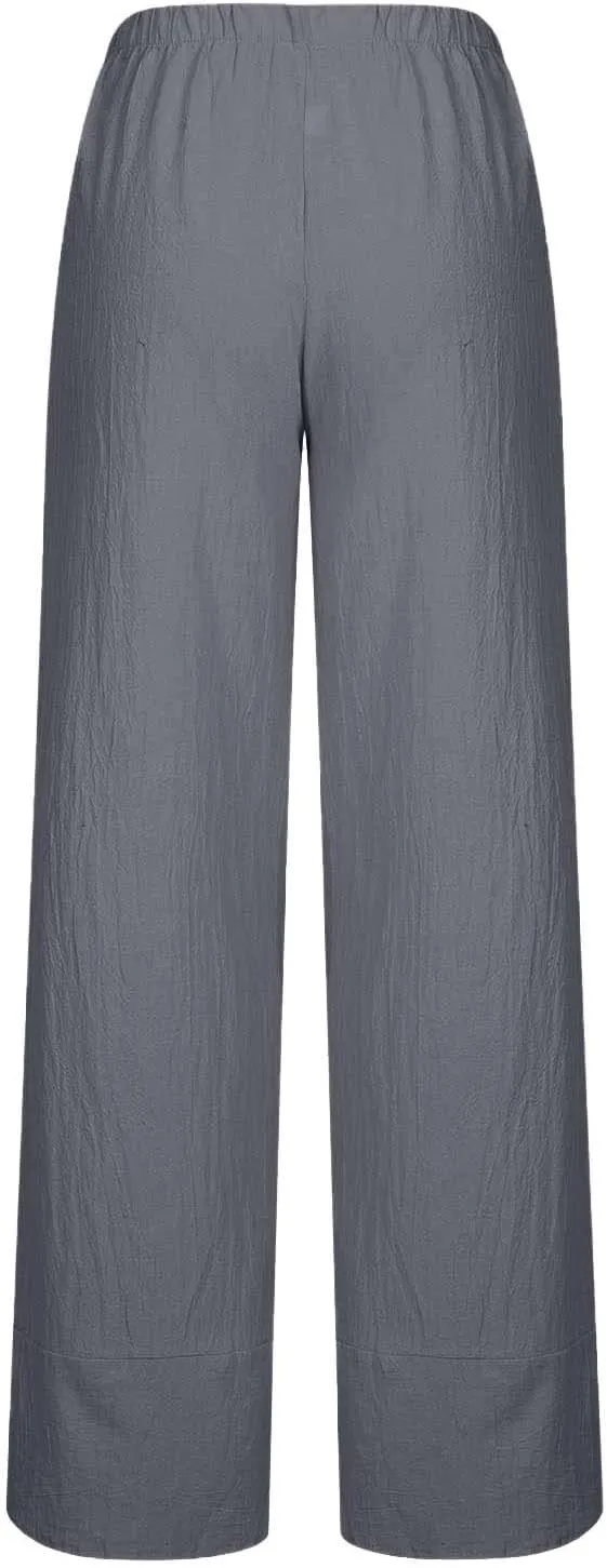 YRAETENM Womens Linen Pants Casual High Waisted Drawstring Elastic Trousers Loose Fit Straight Leg Capris Pants with Pockets