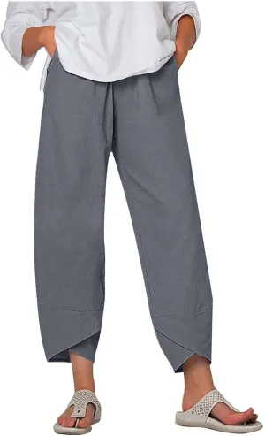 YRAETENM Womens Linen Pants Casual High Waisted Drawstring Elastic Trousers Loose Fit Straight Leg Capris Pants with Pockets
