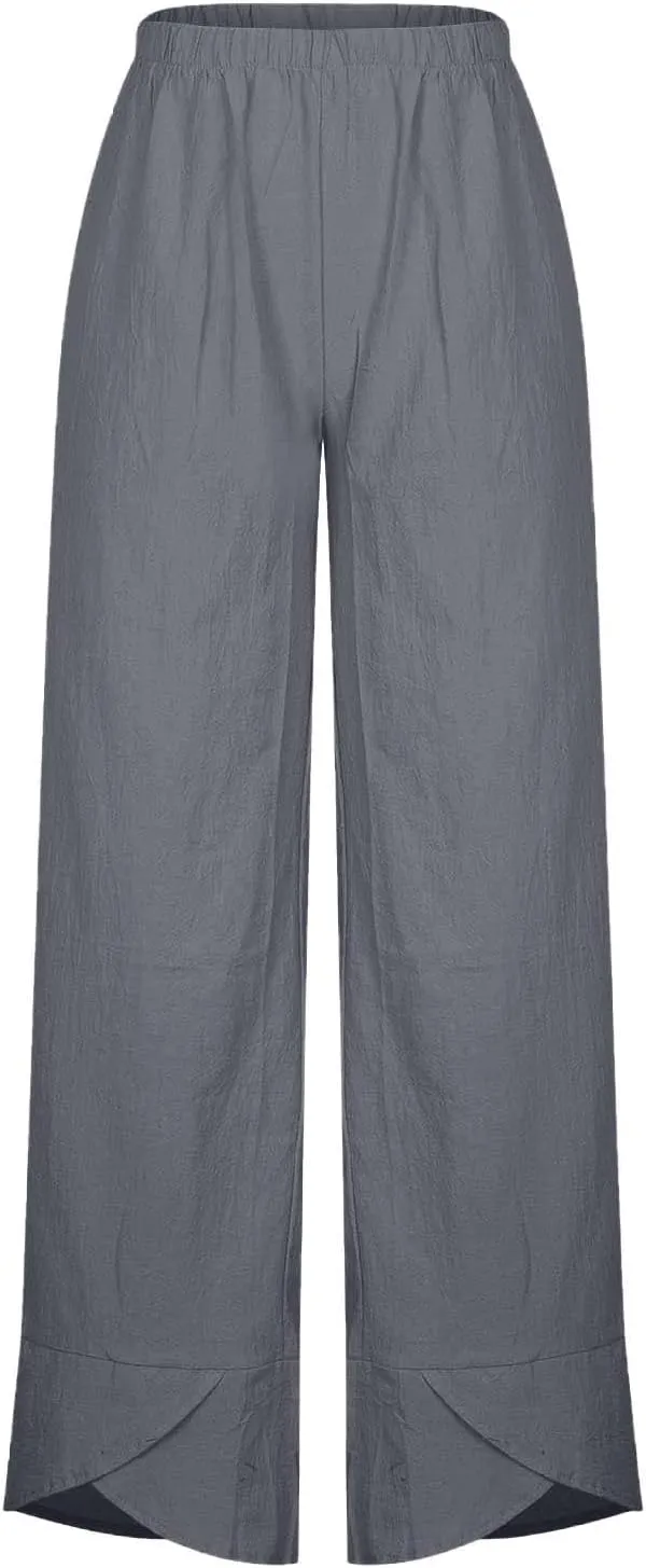 YRAETENM Womens Linen Pants Casual High Waisted Drawstring Elastic Trousers Loose Fit Straight Leg Capris Pants with Pockets