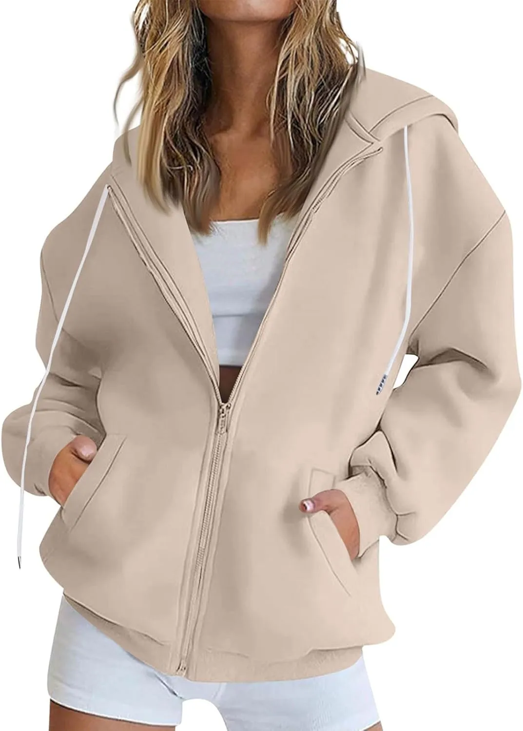 Zip Up Hoodie Women Oversized Fleece Jacket Drawstring Cute Hoodies Y2k Lightweight Fall Sweatshirts with Pockets